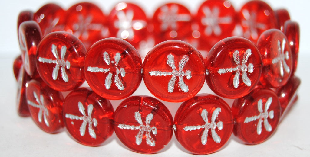 Round Flat Wit Dragonfly Pressed Glass Beads, Transparent Red 54201 (90060 54201), Glass, Czech Republic
