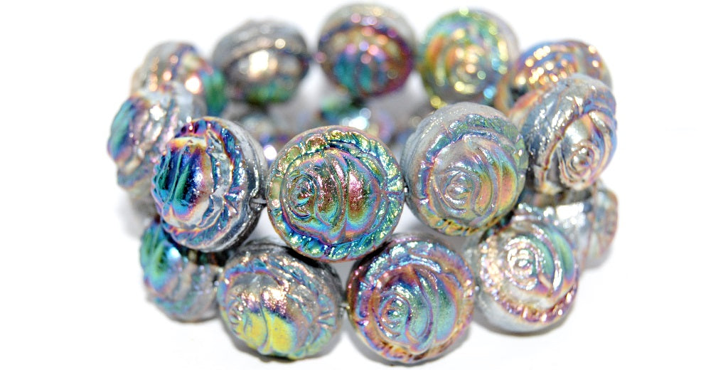 Round With Rose Flower Pressed Glass Beads, (Vitr), Glass, Czech Republic