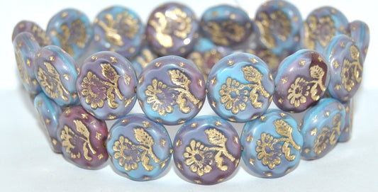 Round Flat With Flower Marguerite Pressed Glass Beads, (67713B 54202), Glass, Czech Republic