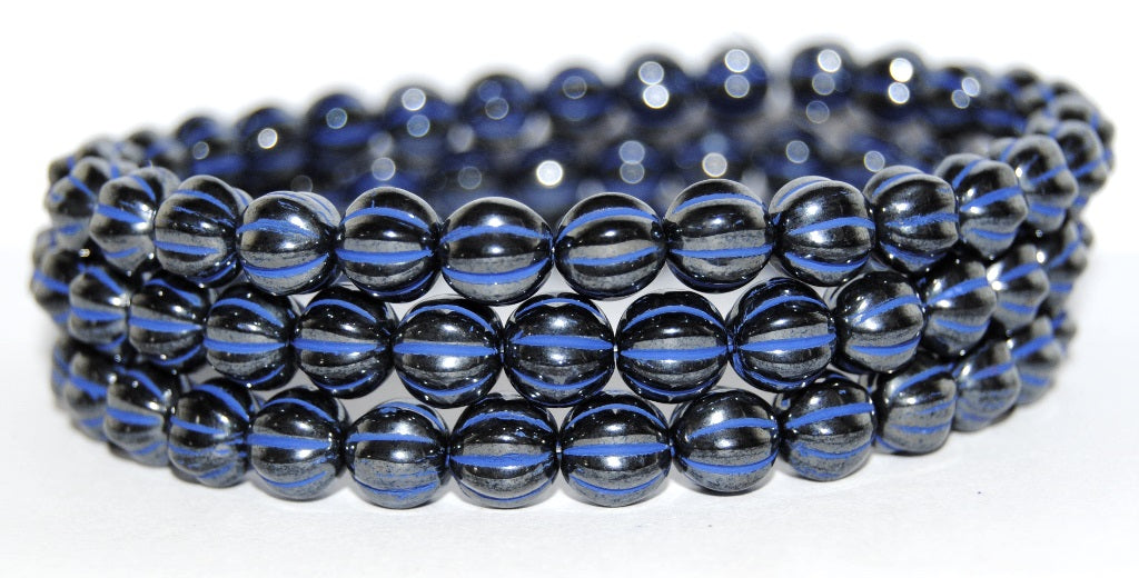 Melon Round Pressed Glass Beads With Stripes, Black 14433202 (23980 14433202), Glass, Czech Republic