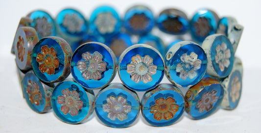 Table Cut Round Beads With Flower, Transparent Aqua 60060 66800 (60050 60060 66800), Glass, Czech Republic