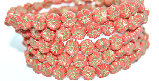 Hawaii Flower Pressed Glass Beads, Opaque Red 43813 Metalic (93200 43813 Metalic), Glass, Czech Republic