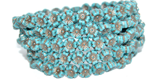 Hawaii Flower Pressed Glass Beads, Turquoise Blue 43805 Metalic (63030 43805 Metalic), Glass, Czech Republic