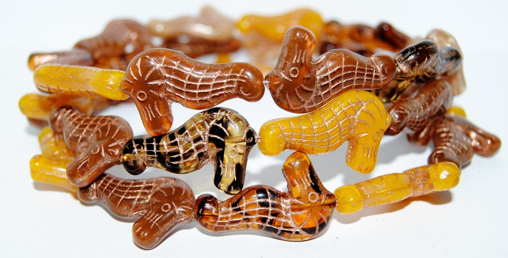 Seahorse Pressed Glass Beads, Mixed Colors Brown 54200 (Mix Brown 54200), Glass, Czech Republic
