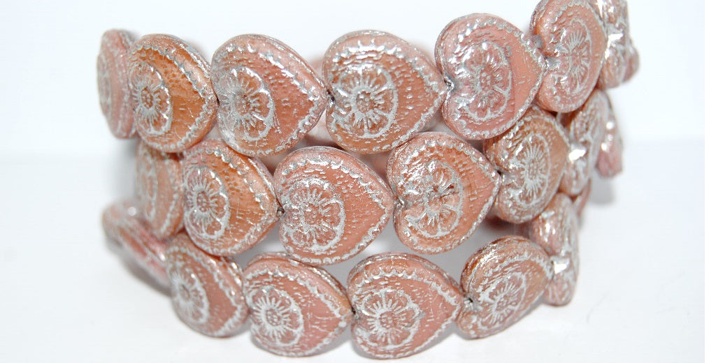 Heart With Flower Pressed Glass Beads, Opaque Pink 54201 (74020 54201), Glass, Czech Republic
