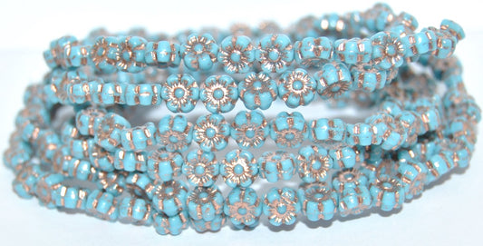 Hawaii Flower Pressed Glass Beads, Turquoise Blue 54200 (63030 54200), Glass, Czech Republic