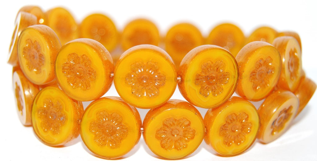 Table Cut Round Beads With Flower, Opal Yellow Luster Red Full Coated (81210 14495), Glass, Czech Republic