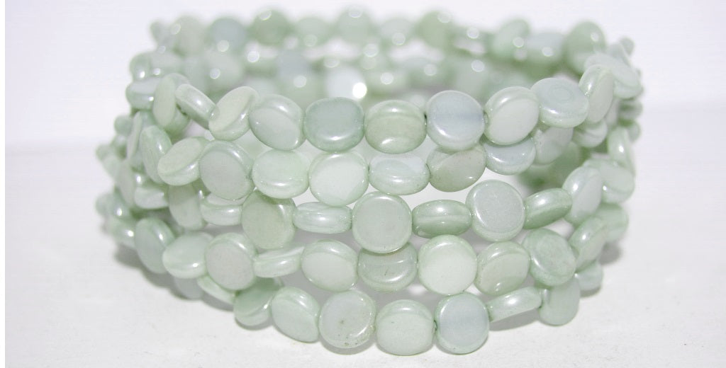Flat Round Coin Pressed Glass Beads, Luster Green Full Coated (14457), Glass, Czech Republic