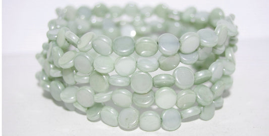 Flat Round Coin Pressed Glass Beads, Luster Green Full Coated (14457), Glass, Czech Republic