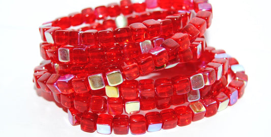 Cube Pressed Glass Beads, Ruby Red Ab (90080 Ab), Glass, Czech Republic