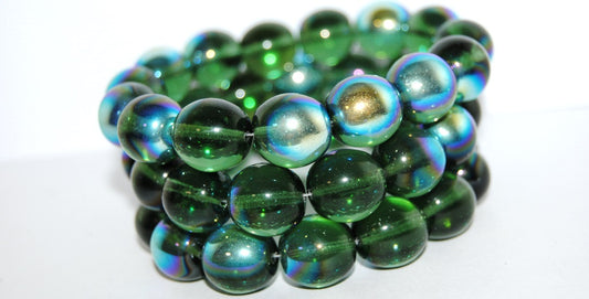 Round Pressed Glass Beads Druck, Transparent Green Ab (50210 Ab), Glass, Czech Republic