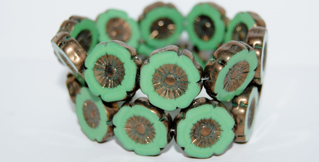 Table Cut Round Beads Hawaii Flowers, Opaque Green Bronze (53300 14415), Glass, Czech Republic