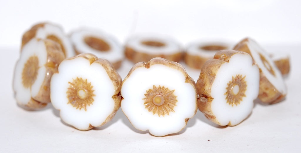 Table Cut Round Beads Hawaii Flowers, White 43400 (2010 43400), Glass, Czech Republic