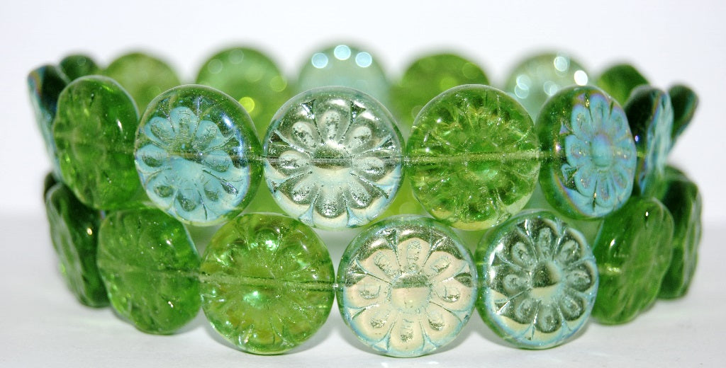 Flat Round With Flower Pressed Glass Beads, Emerald Green Ab (50120 Ab), Glass, Czech Republic