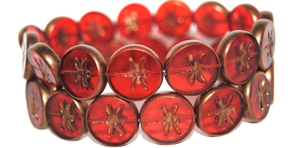 Table Cut Round Beads With Dragonfly, Transparent Red Bronze Matte (90060 14415M), Glass, Czech Republic