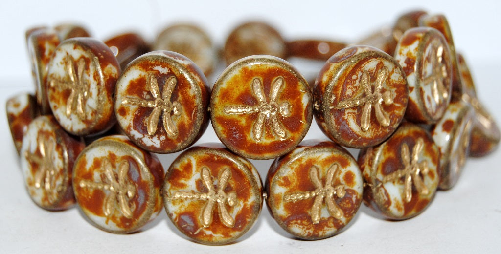 Round Flat Wit Dragonfly Pressed Glass Beads, White 86 54202 (2010 86 54202), Glass, Czech Republic