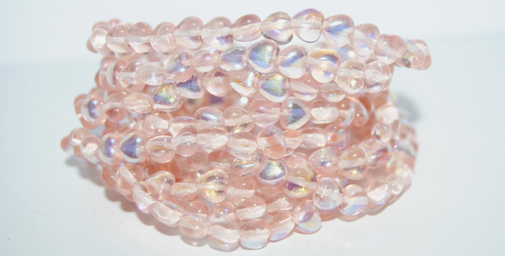 Heart Pressed Glass Beads, Transparent Pink Ab (70110 Ab), Glass, Czech Republic