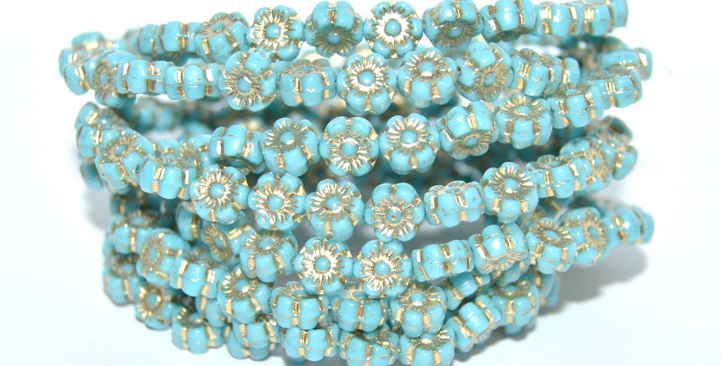 Hawaii Flower Pressed Glass Beads, Turquoise Blue 54202 (63030 54202), Glass, Czech Republic