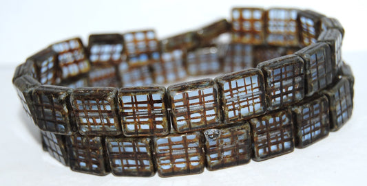 Table Cut Square Beads With Grid, Transparent Blue Travertin (30020 86800), Glass, Czech Republic
