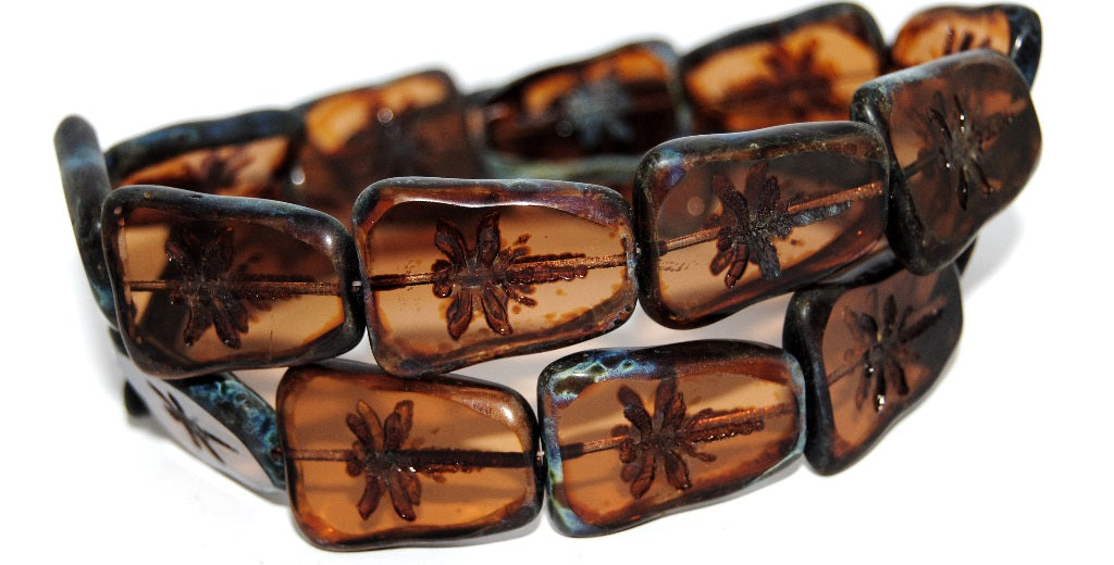 Table Cut Rectangle Beads With Dragonfly, Transparent Brown Travertin (10210 86800), Glass, Czech Republic