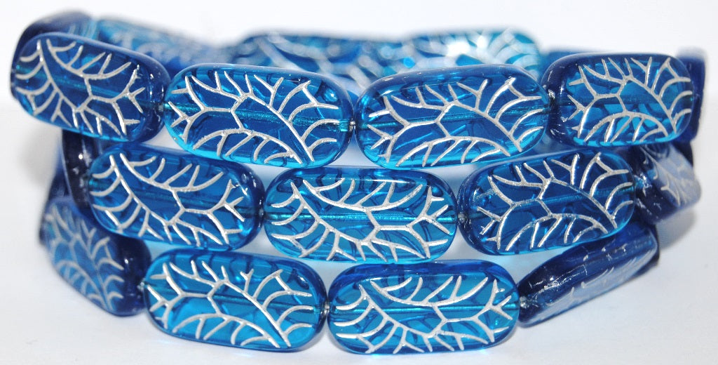 Rectangle With Ornament Pressed Glass Beads, Transparent Aqua 54201 (60050 54201), Glass, Czech Republic