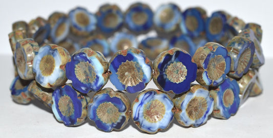 Table Cut Round Beads Hawaii Flowers, (Blue 43400), Glass, Czech Republic