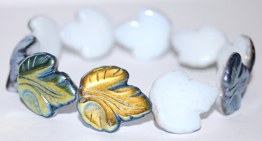 Grape Leaf Pressed Glass Beads, Chalk White Ab (3000 Ab), Glass, Czech Republic