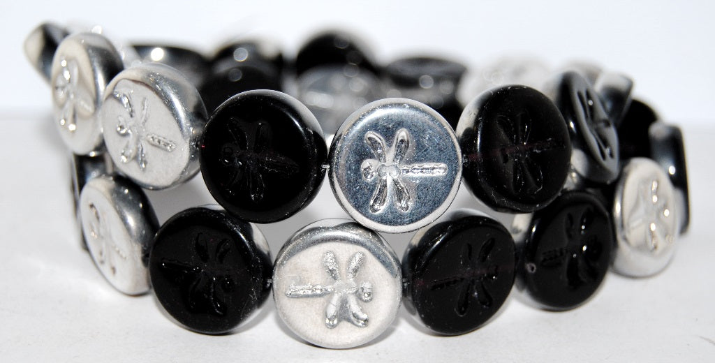 Round Flat Wit Dragonfly Pressed Glass Beads, Black Crystal Silver Half Coating (23980 27001), Glass, Czech Republic
