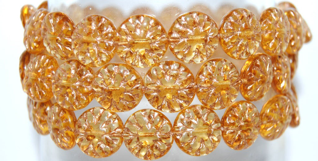 Round Flower Edelweiss Pressed Glass Beads, Transparent Orange 54200 (10040 54200), Glass, Czech Republic