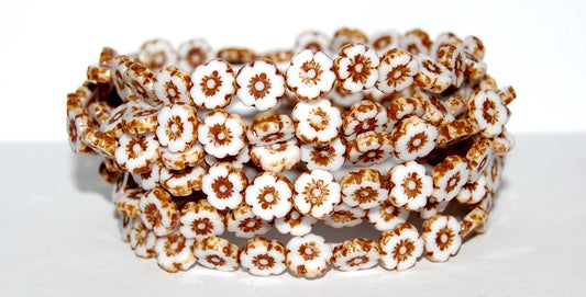 Table Cut Round Beads Hawaii Flowers, White Travertin (2010 86800), Glass, Czech Republic