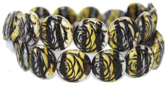 Round Flat Rose Flower Pressed Glass Beads, (85012 23202), Glass, Czech Republic