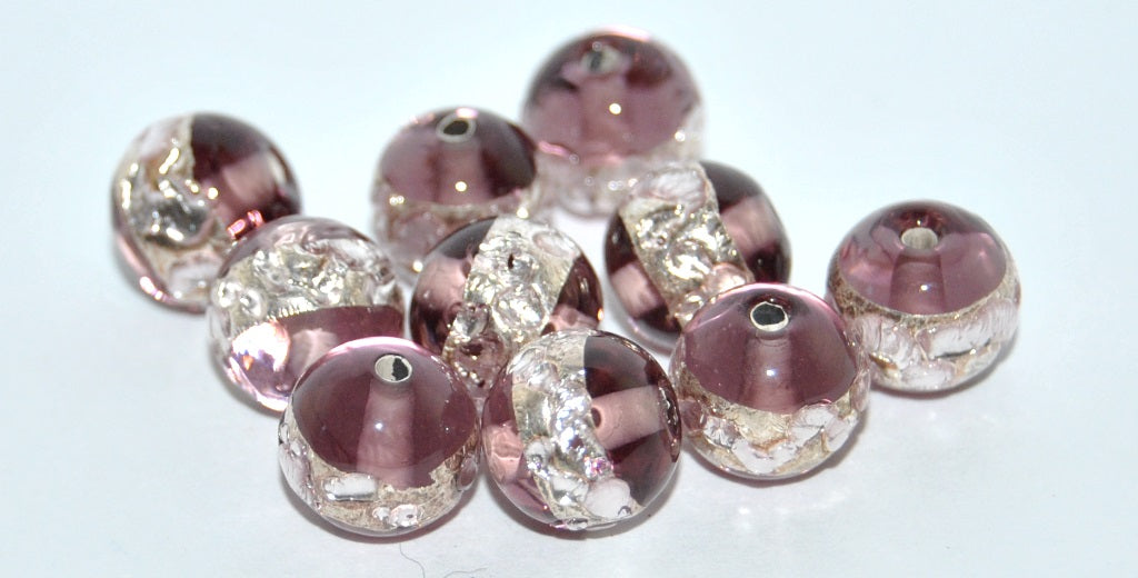 Czech Glass Hand Made Round Lampwork Beads With Silver Plates, (C), Glass, Czech Republic