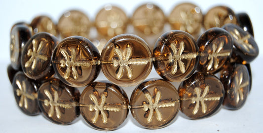 Round Flat Wit Dragonfly Pressed Glass Beads, Transparent Brown 54202 (10210 54202), Glass, Czech Republic