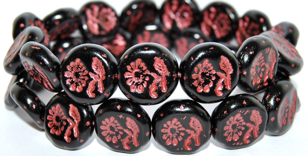 Round Flat With Flower Marguerite Pressed Glass Beads, Black 43806 Metalic (23980 43806 Metalic), Glass, Czech Republic