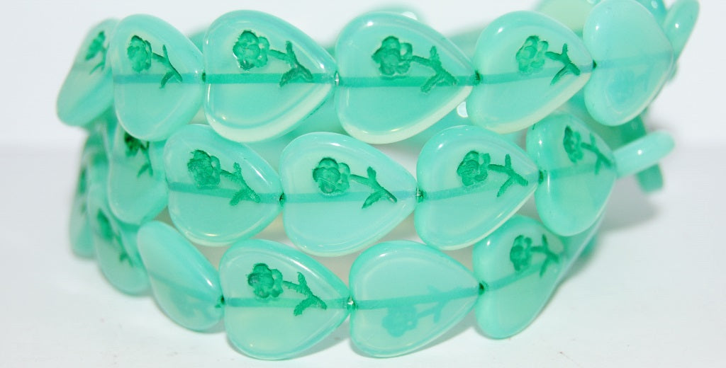 Heart Pressed Glass Beads With Flower, Opal Aqua 46450 (61100 46450), Glass, Czech Republic