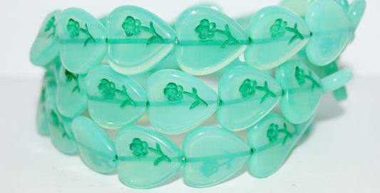 Heart Pressed Glass Beads With Flower, Opal Aqua 46450 (61100 46450), Glass, Czech Republic