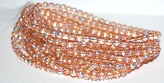 Round Pressed Glass Beads Druck, Transparent Pink Ab (70130 Ab), Glass, Czech Republic