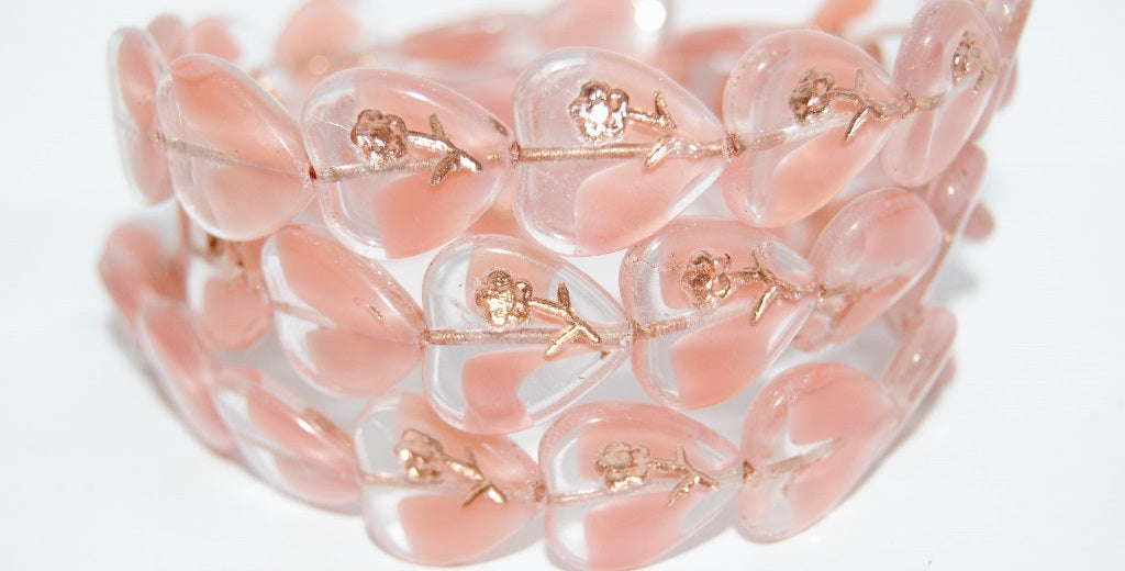 Heart Pressed Glass Beads With Flower, Opaque Pink 54200 (76028 54200), Glass, Czech Republic