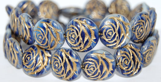 Round Flat Rose Flower Pressed Glass Beads, Opaque White Blue Striped 54202 (35000 54202), Glass, Czech Republic