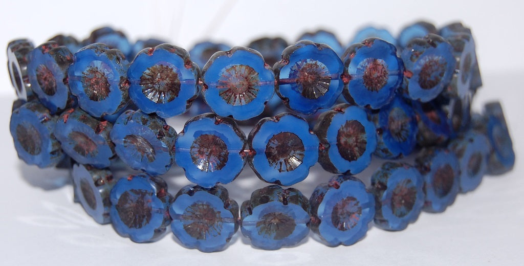 Table Cut Round Beads Hawaii Flowers, Opal Blue Travertin (31010 86800), Glass, Czech Republic