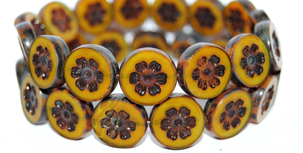 Table Cut Round Beads With Flower, Opal Yellow Travertin (81210 86800), Glass, Czech Republic