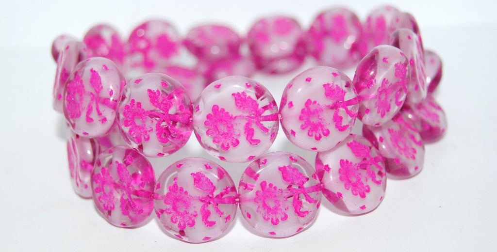 Round Flat With Flower Marguerite Pressed Glass Beads, (6208 46470), Glass, Czech Republic