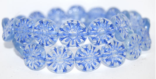Flat Round With Flower Pressed Glass Beads, Transparent Blue 33202 (30020 33202), Glass, Czech Republic