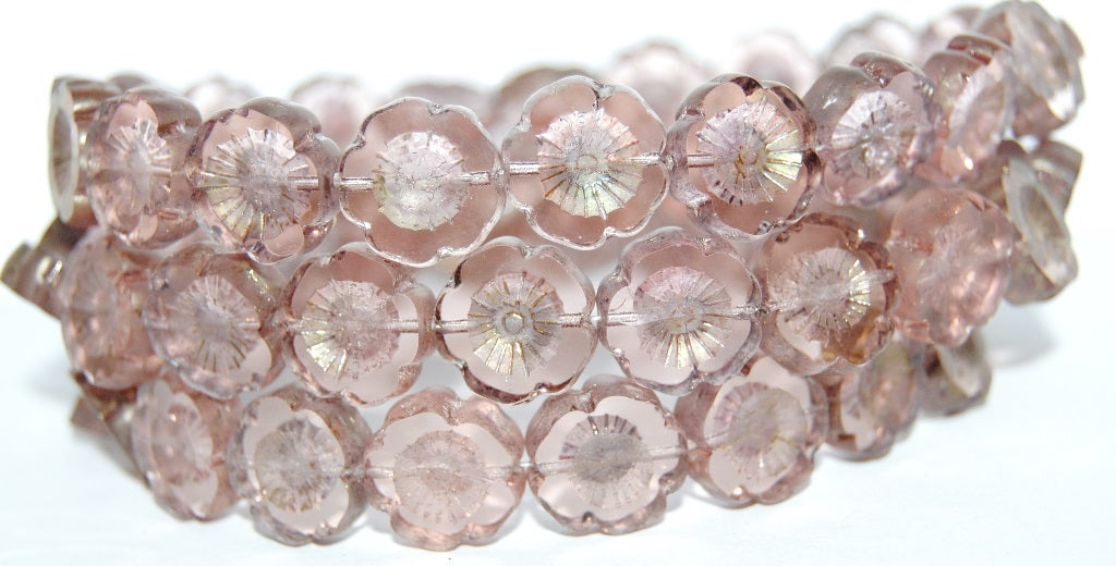 Table Cut Round Beads Hawaii Flowers, Transparent Pink Luster Red Full Coated (70110 14495), Glass, Czech Republic