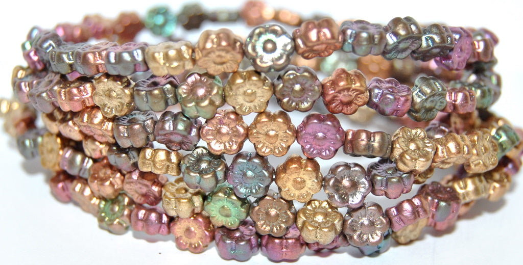 Hawaii Flower Pressed Glass Beads, Mix Of Metallic Colours Dyed (1640), Glass, Czech Republic