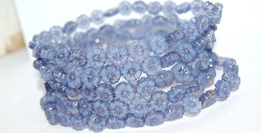 Table Cut Round Beads Hawaii Flowers, Opal Blue Bronze (31000 14415), Glass, Czech Republic
