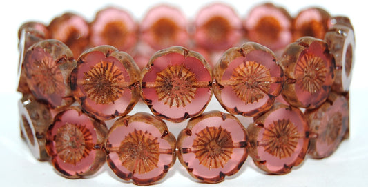 Table Cut Round Beads Hawaii Flowers, Opal Pink Travertin (71100 86800), Glass, Czech Republic