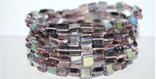 Flat Square Pressed Glass Beads, Transparent Light Amethyst Ab (20020 Ab), Glass, Czech Republic