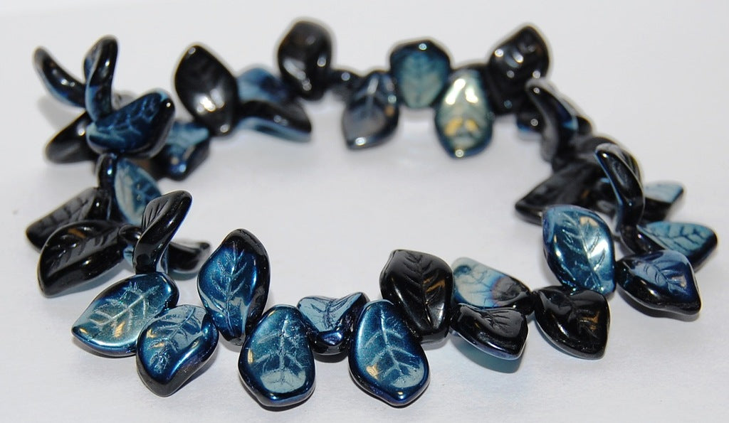 Ovate Leaf Pressed Glass Beads, Black Ab (23980 Ab), Glass, Czech Republic