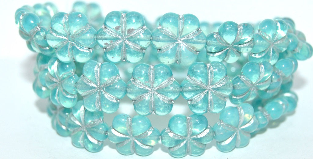 6-Petal Flower Pressed Glass Beads, Opal Aqua 54201 (61000 54201), Glass, Czech Republic